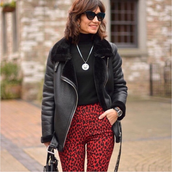 Zara Leopard Animal Print Red Black Skinny Pants - Picture 2 of 9